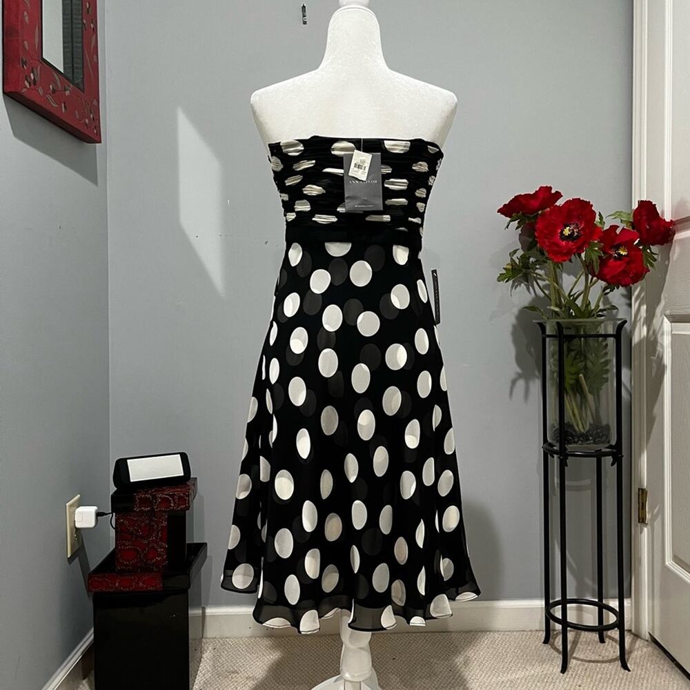 NEW Ann Taylor Silk Ruched A-line Fit Flare Strapless Polka Dot Midi Dress 2 NWT - Picture 3 of 16